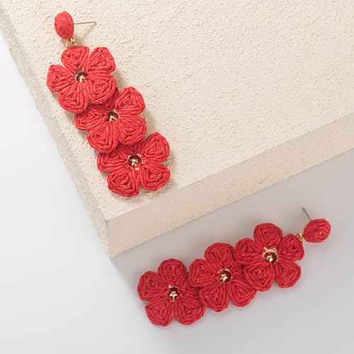Boho Flower Earrings Statement Raffia Dangle Earrings Cute Floral Jewelry Trendy Summer Beach Vacation Outfits for Women - color: Red-2