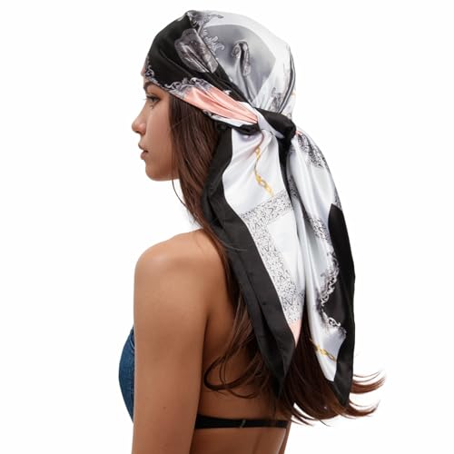 RIIQIICHY Head Scarf for Women Like Silk Scarf Hair Scarf Printed Square Scarf Bandanas for Women 35 Inches - color: Black/Pink/Grey
