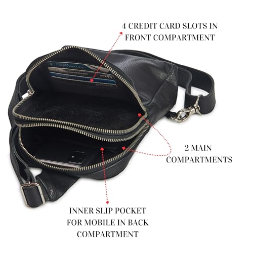 Leather Sling Bag for Women Genuine Crossbody Purse Small Trendy Cross Over Chest with Phone and Credit Card Slots (Black Nappa) - color: Black Nappa