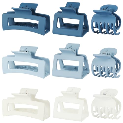 CHANDAT 3 Style Blue Hair Claw Clips Set - 9 pcs Medium Rectangle and Square Clips for Thick and Thin Hair Women's Accessories - color: Blue