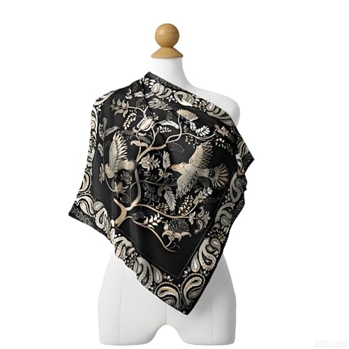 Premium Floral Scarf for Women 35x35 Square Silk Feel-Lightweight Scarves Headscarf Bandanas Wrapping Handbag - color: Black Golden