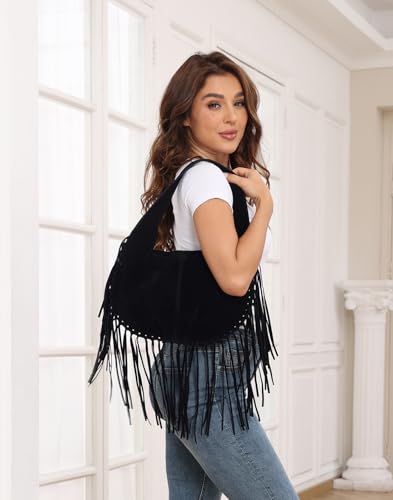 HDE Women's Faux Suede Leather Bag Fringe Tassel Shoulder Purse Western Handbag - color: Black