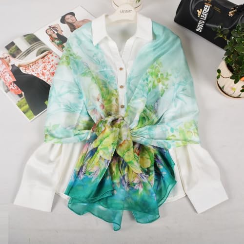 100% Mulberry Silk Women's Neck Silk Scarf-Lightweight Shawl,FLoral Print Beach Silk Wrap-Scarves for Photography - color: Lake Green