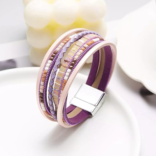 Fesciory Leather Wrap Bracelets for Women, Boho Leopard Multi-Layer Crystal Beads Cuff Bracelet Jewelry - color: Boho Braid(Pink)