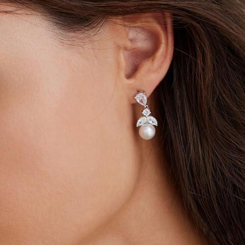 Pearl Earrings for Women, Dainty Wedding Bridal Earrings 14k Gold Plated CZ Pearl Drop Earrings for Women Trendy Hypoallergenic Unique Gold Drop Earrings Fashion Prom Jewelry - color: Silver-E