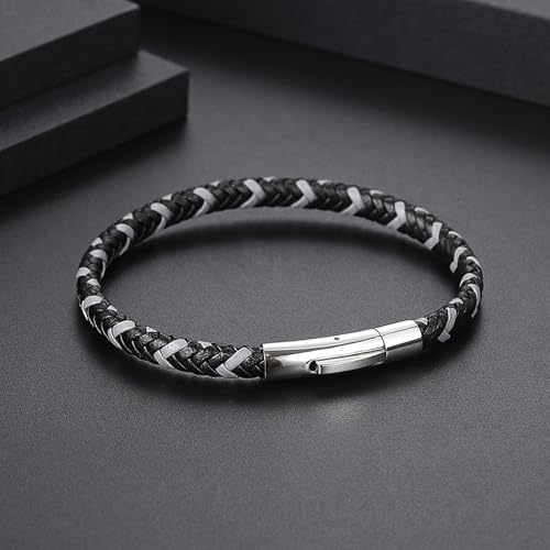 Men's Leather Bracelet, Stackable Stainless Steel Clasp Bracelets for Men Stylish Birthday, Thanksgiving, Valentine's Day Gift for My Man - style: 8.2" Gray and black Interwoven Leather