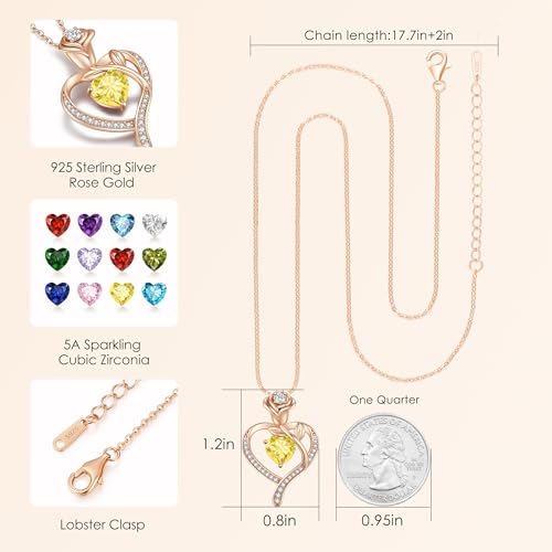 LOUISA SECRET Rose Flower Heart Birthstone Necklaces for Women, 925 Sterling Silver Jewelry, Pendant Heart Necklaces Birthday Anniversary Christmas Gift for Women Wife Mom Girlfriend Lady - color: Rose Gold-11-Nov