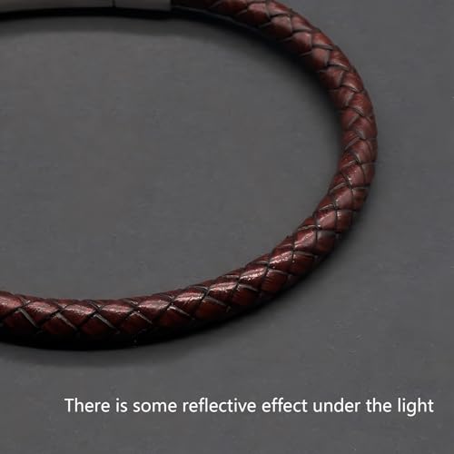 Men's Leather Bracelet, Stackable Stainless Steel Clasp Bracelets for Men Stylish Birthday, Thanksgiving, Valentine's Day Gift for My Man - style: 8.2" Round-tube Reflective Brown Leather