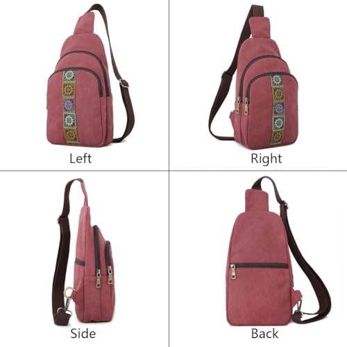 SILKAREA Canvas Sling Bag for Wome Crossbody Purse Small Sling Backpack Purse Travel Hiking Chest Bag Daypack - color: Wine Red