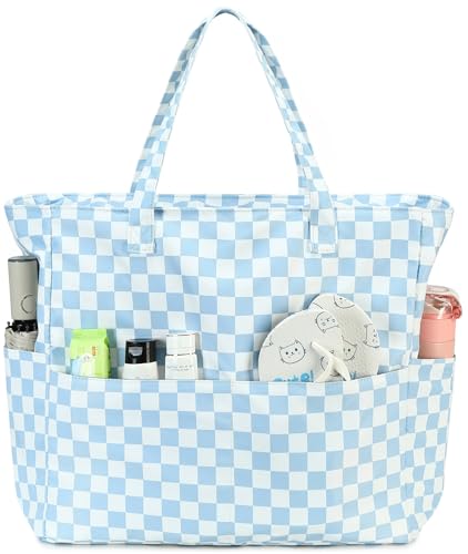 Bluboon Waterproof Beach Tote Pool Bags for Women Ladies Extra Large Carry On Bag With Wet Compartment for Weekender Travel - color: Blue White Checked