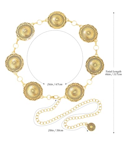 AWAYTR Chain Belt for Women – Adjustable Boho Metal Waist Chain Belt Gold Sliver for Dresses Jeans Country Concert Outfit - color: Gold-petal Circle