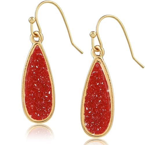 Teardrop Dangle Earrings for Women with Simulated Druzy Stones, in Gold or Rose Gold Tone - color: Gold - Red Stone