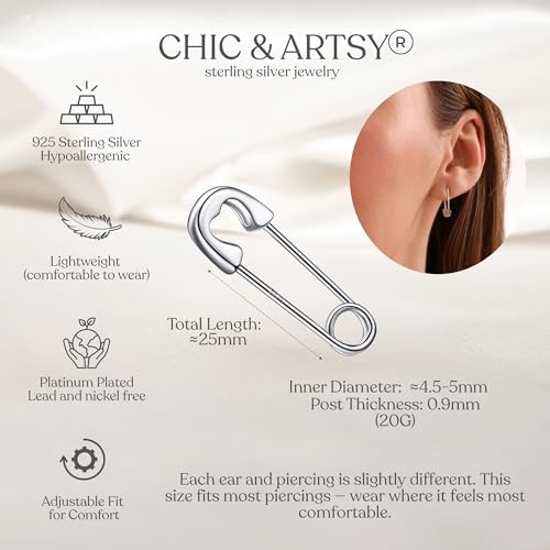 CHIC & ARTSY 925 Sterling Silver Safety Pin Earrings - Lightweight Comfortable Punk Paperclip Cartilage Hoop Earrings, Trendy Industrial Style Jewellery for Women and Men - color: White-Small Heart