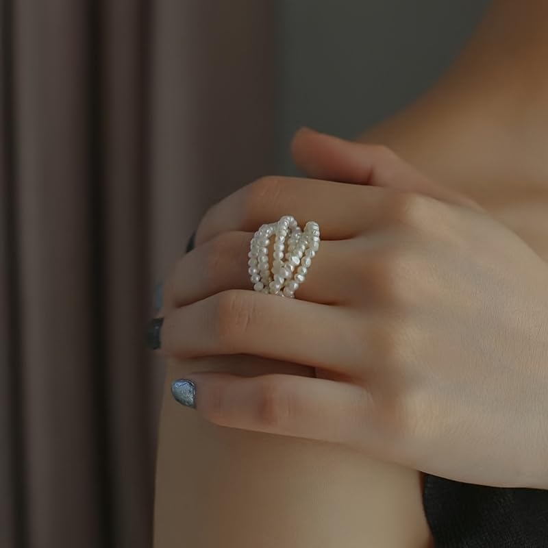 ZFAIRY 18K Gold Natural Freshwater Pearl Ring, Multi-Layer Baroque Rice Pearl Design, Hand-Woven Adjustable Statement Ring for Men and Women