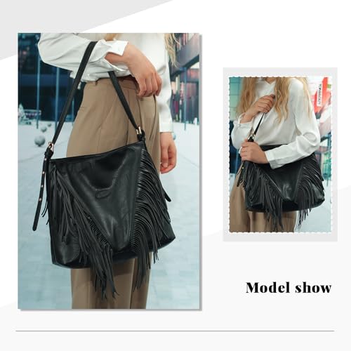 Vintage Fringe Shoulder Bags For Women Tassle Hobo Bags Large Crossbody Fringe Purse | Vintage - color: Black