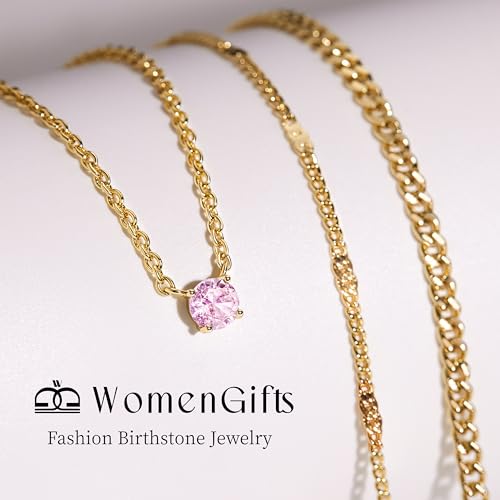WomenGifts Layered Gold Necklaces for Women, 14K Gold Sterling Silver Plated Dainty Pendant Necklace Set Non Tarnish, Chunky Stackable Cuban Chain Choker, Trendy Birthstone Vacation Jewelry Gift - color: Gold, style: Cubic Zirconia-Created Pink Tourmaline