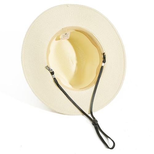 Lanzom Women Wide Brim Straw Panama Roll up Hat Fedora Beach Sun Hat UPF50+ - color: Beige Without Band, size: One Size-Small