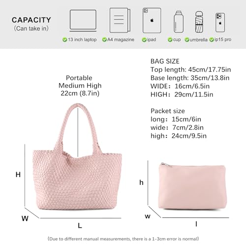 Woven Tote Bag Womens Purse Vegan Leather Shoulder Handbags Fashion Summer Beach Tote Bags Large Travel Totes - color: Pink