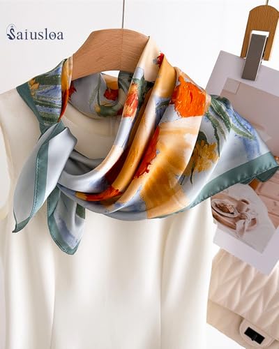 Saiusloa Neck Scarf For Womens Silky Head Scarves Hair Bandanas Square Scarf Fashion Accessories lightweight - color: 14-orange Wildflowers
