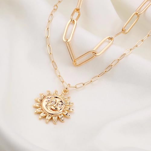 Turandoss 14K-Gold-Plated Necklaces for Women - Lock Evil Eye Medallion Vintage Coin Necklace Bee Sun Moon Shell Chain Necklace Layered Paperclip Chain Necklaces for Women Jewelry Gifts - style: 11-Happy Sun Coin