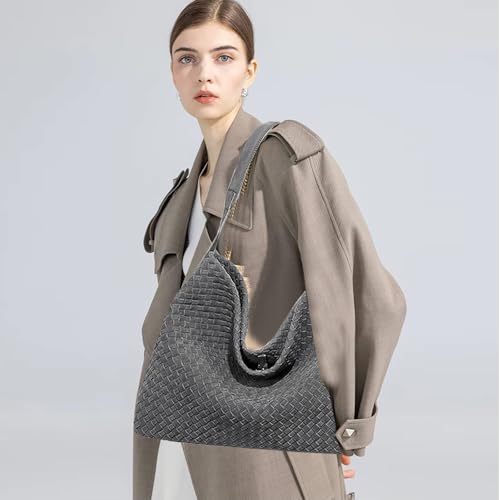 JINMANXUE Women Boston Bag, Woven Hobo Tote Handbag and Purses, Female Satchel Messenger Bags, Fashion Shoulder Crossbody Bag - color: Frosted Sudan Grey