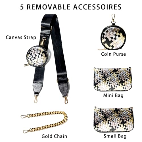 Handmade Woven Small Crossbody Bag for Women with Coin Purse, Designer Shoulder Handbag 3pcs Set, Mini Tote Clutch - color: Black Multicolor