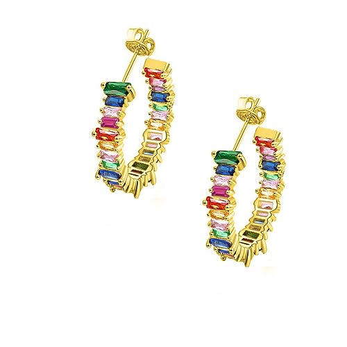 Savlano 14K Gold Plated Cubic Zirconia Multicolor Rainbow Round Hoop Stud Earrings for Women Comes with a Gift Box - color: Yellow Gold