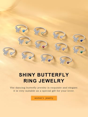 Bestyle 925 Sterling Silver Butterfly Ring Hypoallergnic Adjustable Birthstone Rings for Women Butterfly Jewelry Gifts for Anniversary Mothers' Day Birthday - color: 05.May(Emerald)