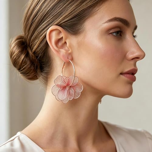 Gold Flower Statement Earrings for Women Boho Trendy Hoop Earrings Floral Dangle Petal Earring Prom Wedding Jewelry Gifts - color: A4:pink