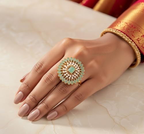 Efulgenz Indian Jewelry Rings for Women Antique Round Faux Pearl Crystal Bollywood Adjustable Big Finger Ring Fashion Party Statement Jewelry for Women - color: Mint