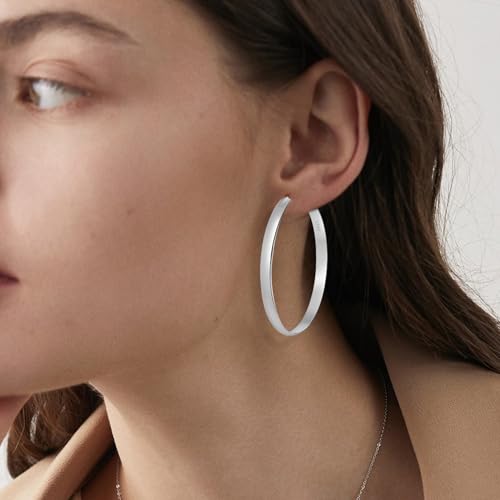 5mm Wide Gold Hoop Earrings for Women, 14K Gold Plated Big Chunky Hoop Earrings with S925 Sterling Silver Post, Hypoallergenic Lightweight Earrings Jewelry for Women 30/40/50/60/70mm - color: Silver-50mm