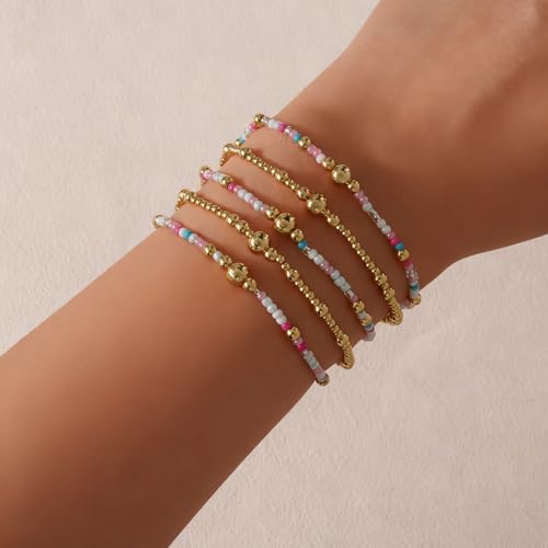 14K Gold Plated Beaded Bracelets Stack Set for Women,Stretch Boho Colorful Beads Ball Jewelry Friendship Summer Trendy - color: Pink ball