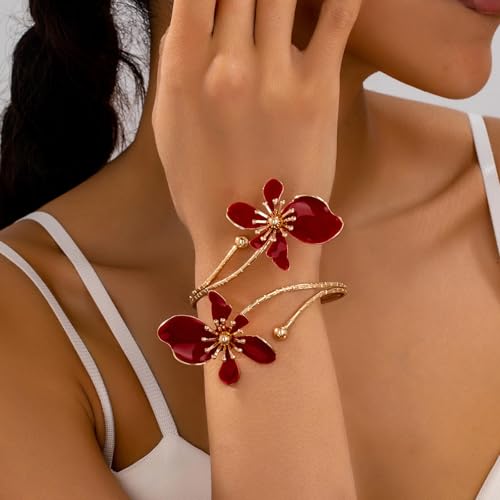 Arm Cuff Jewelry for Women Adjustable Flower Cuff Bangle Bracelet Gold Armband Upper Jewelry Gifts for Women Boho Western Accessories - color: A5:red flower