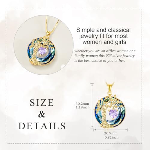 POPLYKE Mothers Day Gifts for Mom Her Wife Tree of Life Necklace 925 Sterling Silver Birthstone Pendant with Crystal Anniversary Birthday Wedding Jewelry for Women - color: 06-Jun-Alexandrite, style: 18K Gold Plated-Blue Crystal