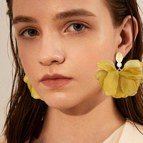Handmade Fabric Flower Petal Fringe Dangle Drop Earrings Bohemian Floral Tassel Stud Earrings For Women - color: Dark Yellow