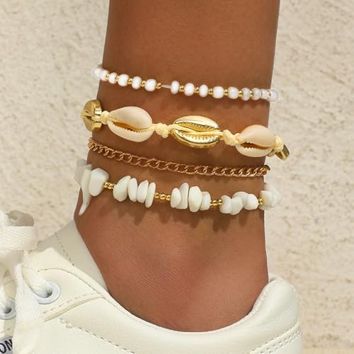 Qceasiy Shell Ankle Bracelet Set for Women, Gold Plated Boho Bead Adjustable Anklet, Hawaiian Beach Seashell Pearl Heart Starfish Conch Foot Jewelry Gifts - color: Stone Shell 4Pcs