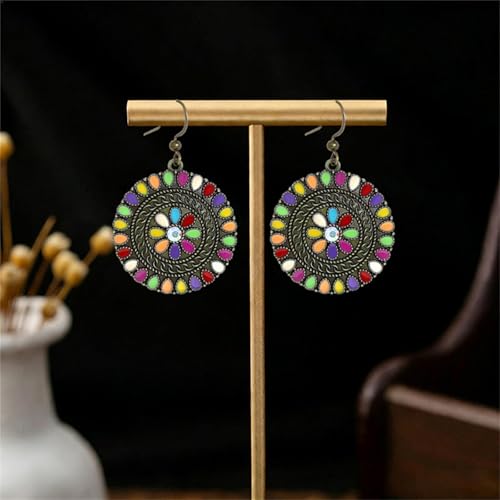 MALOYANVE Vintage Boho Circular Flower Dangle Earring, Handmade Bronze Tribal Round Enamel Floral Drop, Bohemian Ethnic Statement Jewelry Gift for Women - color: Ancient Muticolor