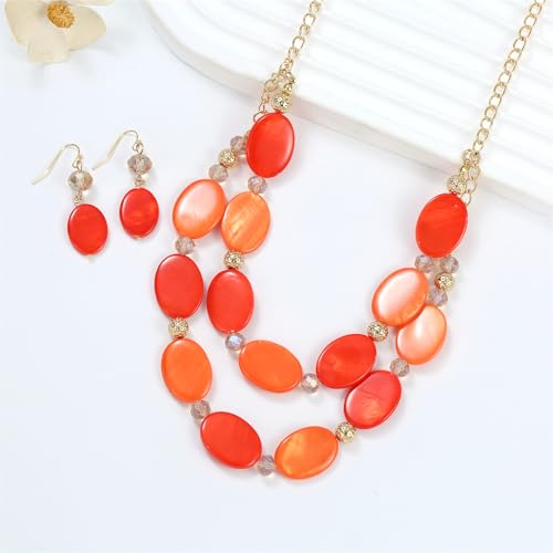 2 Layered Chunky Beaded Shell Necklace for Women Sea Shell blue/yellow/red/green/turquoise/teal/white Statement Necklace and Earring Set Elegant Women Necklace Set Jewelry Sets for Women - color: Orange