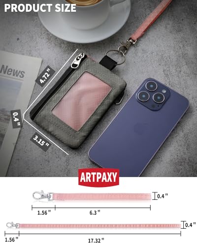 Artpaxy Minimalist Wallet For Mens Womens, Keychain RFID Blocking Zipper Small Wallet with ID Window 2 Lanyards,Water Resistant Travel Cash Card Coin Case Boys Girls - color: Light pink+Grey, style: Casual