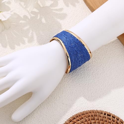 Raffia Colorful Chunky Cuff Bracelet For Women Statement Irregular Wave Vacation Tropical Beachy Spring Summer Wide Open Bangle Handmade Boho Costume Jewelry Accessories - color: C Blue