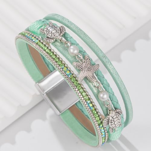 FANCY SHINY Turtle Starfish Leather Wrap Bracelet Boho Rhinestone Pearl Cuff Bracelets for Women Summer Beach Jewelry for Women - color: Green