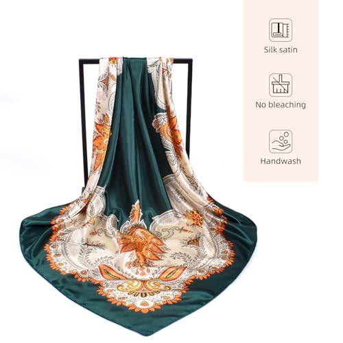 35 x 35 Women's Fashion Pattern Large Square Silk Like Hair Scarf Head Sleeping Wrap Satin Neck Bandana for Gift… - color: Garland Cashew Nuts-green