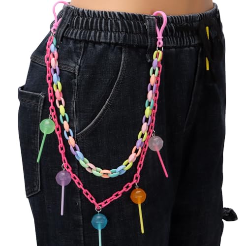 Rainbow Lollipop Charm Hip Hop Punk Jean Pant Chain for Woman Men Colorful Acrylic Chunky Layered Candy Tassel Rock Street Trousers Pocket Wallet Chains Gothic Belt Body Jewelry Keychain Accessories