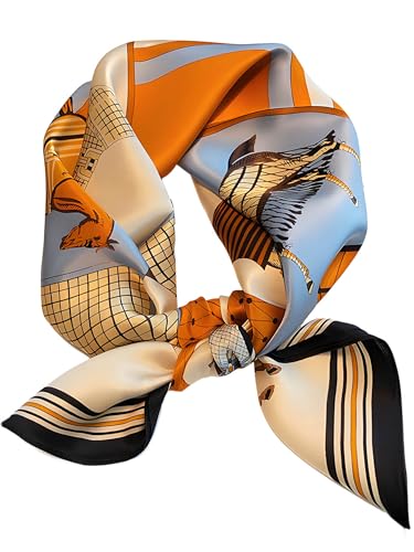 100% Mulberry Silk Scarf for Women Hair Lightweight Square Neckerchief Wrap For Head Scarves 21" - color: 25-orange Horse /21"*21"