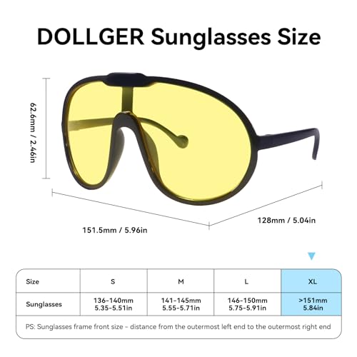 Dollger Oversized One Piece Sunglasses For Women Fashion Men Wrap Around UV400 Shield Goggles - color: Black Frame Yellow Lenses