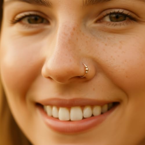 925 Sterling Silver & 14K Gold Filled Nose Ring Hoop Handmade Piercing Jewelry For Women - 24 Gauge 2mm,7mm Tiny Nose Ring with Opal - Gift Ready - color: Gold Beads Gold