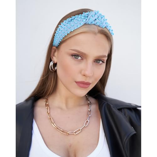 YISSION Light Blue Knotted Headband for Women - Wide Beaded Hair Hoop, Stylish Hair Accessory for Daily Wear, Parties & Casual Outfits - color: Light Blue