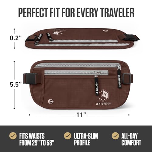 VENTURE 4TH Money Belt for Travel – Slim Hidden Under-Clothes RFID Blocking Anti-Theft Passport Holder & Travel Wallet Pouch for Men & Women to Protect Cash, Cards & Documents (Brown) - color: Brown