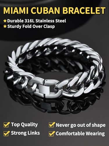 ChainsHouse Stainless Steel Cuban Link Bracelet, 8mm/12mm/17mm Width, 7.5"/8.3"/9", 18K Gold Plated Chain Wrist Bracelets for Men Women, Send Gift Box - color: C: Steel-17mm width