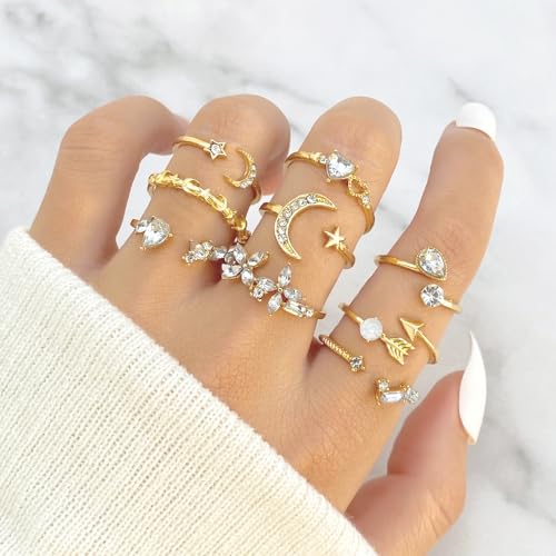 INENIMARTJ Boho Rings for Women Teen Girls,Gold Stacking Rings Set Vintage Knuckle Stackable Moon Star Snake Butterfly Heart Flower Leaf Top Finger Rings - color: H
